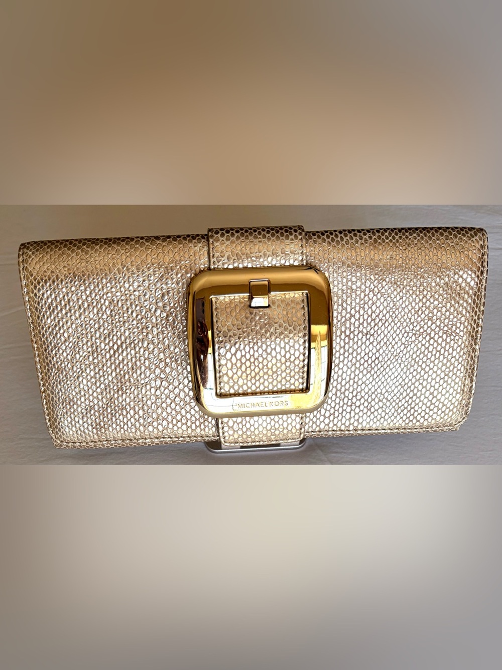 Michael Kors Metallic Gold Snakeskin Embossed Clutch Buckle Evening Bag